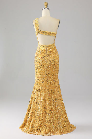 Mermaid Paillettes Una spalla dorato Prom Dress con fessura